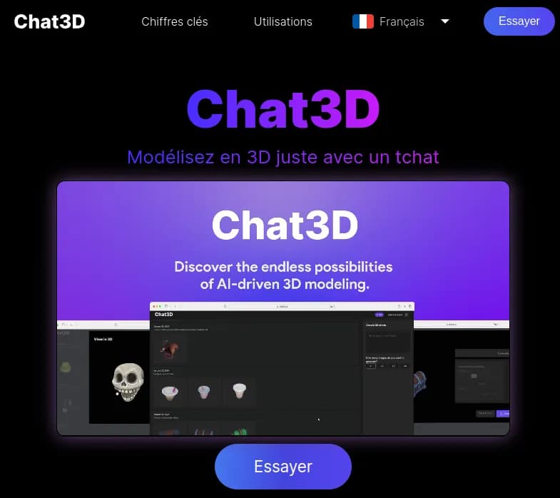 Screenshot of app Chat 3D AI : Découvrez Chat3D, une application révolutionnaire pour modéliser en 3D via chat en moins d'une minute. Pour les professionnels et les amateurs