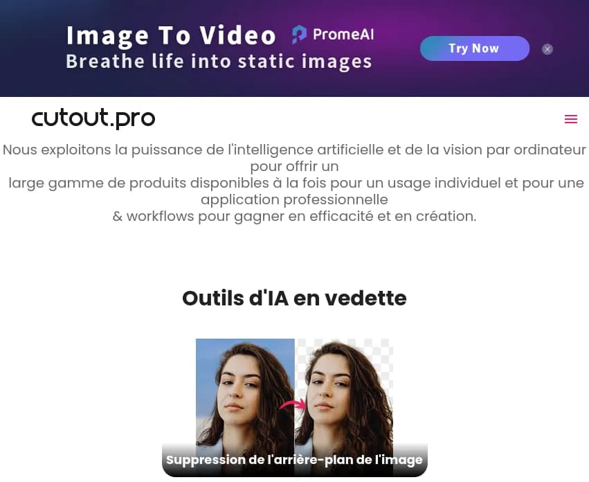 Screenshot of app Cutout Pro : Découvrez Cutout.Pro, la plateforme IA révolutionnaire pour transformer vos photos et vidéos. 