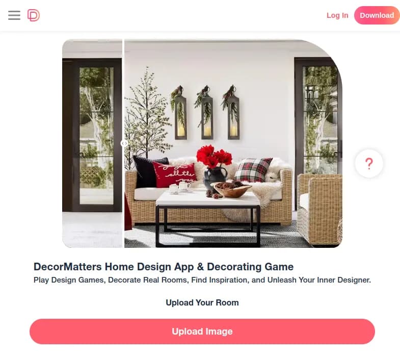 Screenshot of app DecorMatters : "Découvrez DecorMatters, votre terrain de jeu pour le design d'intérieur. Créez, partagez et gagnez des récompenses en vous inspirant de notre communauté de 10M de design