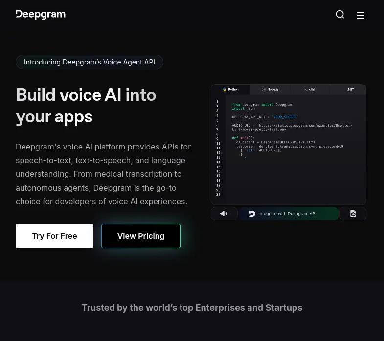 "Découvrez Deepgram, l'innovateur en solutions vocales IA pour entreprises. Transformez parole en texte avec précision. Essayez gratuitement avec 200$ crédits."