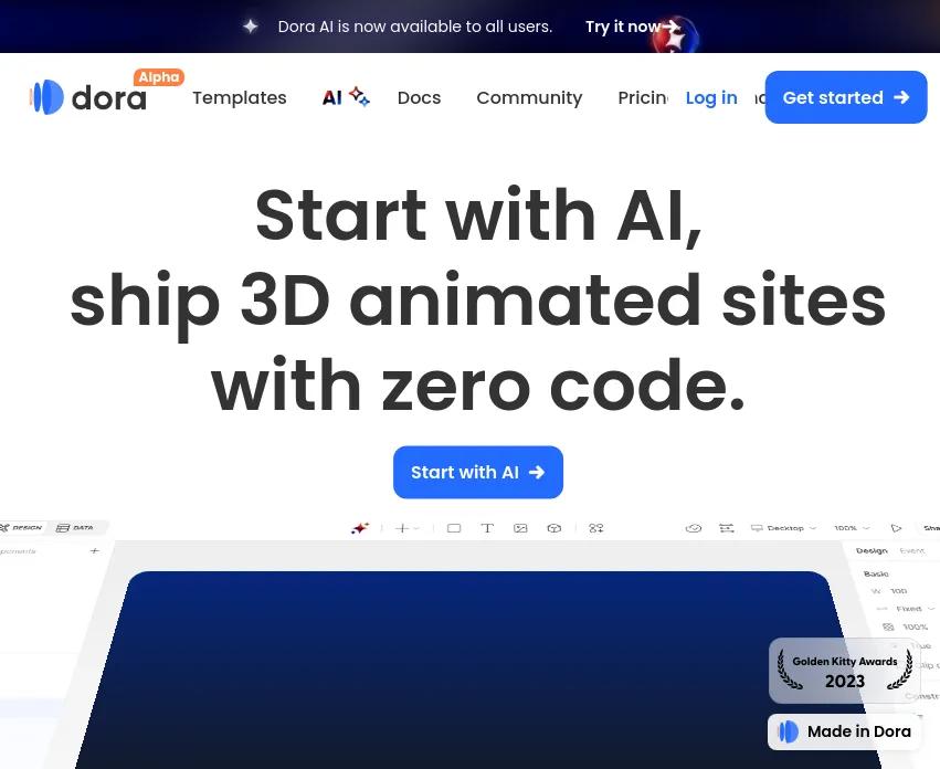 Découvrez Dora, l'outil IA révolutionnaire pour créer des sites web 3D, animés et interactifs sans code. Simplifiez et transcendez vos designs
