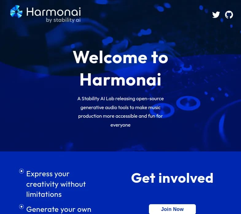 Screenshot of app Harmonai  : Découvrez Harmonai, le laboratoire de Stability AI, pour une production musicale innovante, accessible et ludique. 