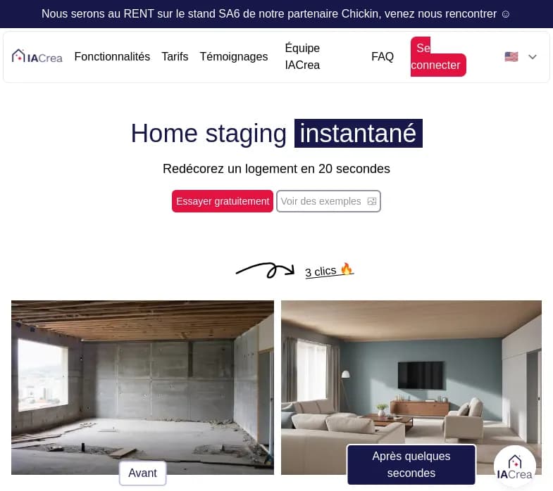 Screenshot of app IA Crea : "Découvrez IA Crea, l'outil unique de home staging en 20 sec. Transformez vos photos immobilières et augmentez vos vues. Rejoignez-nous dès maintenant!"