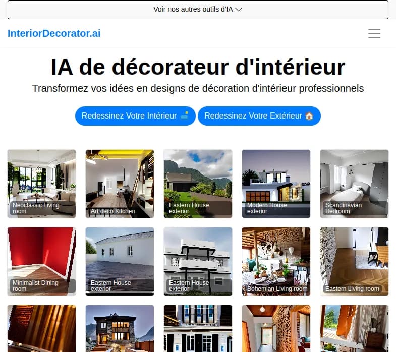 Screenshot of app INterior Decorator : "Découvrez INterior Decorator, l'outil AI révolutionnaire pour transformer vos idées de décoration intérieure en designs professionnels. Essayez-le aujourd'hui!"