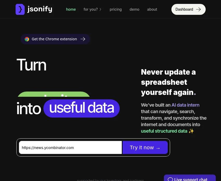 Screenshot of app Jsonify : Découvrez Jsonify, une révolution de l'IA pour la collecte de données web. Automatisez, gérez et transformez vos processus de données avec facilité.