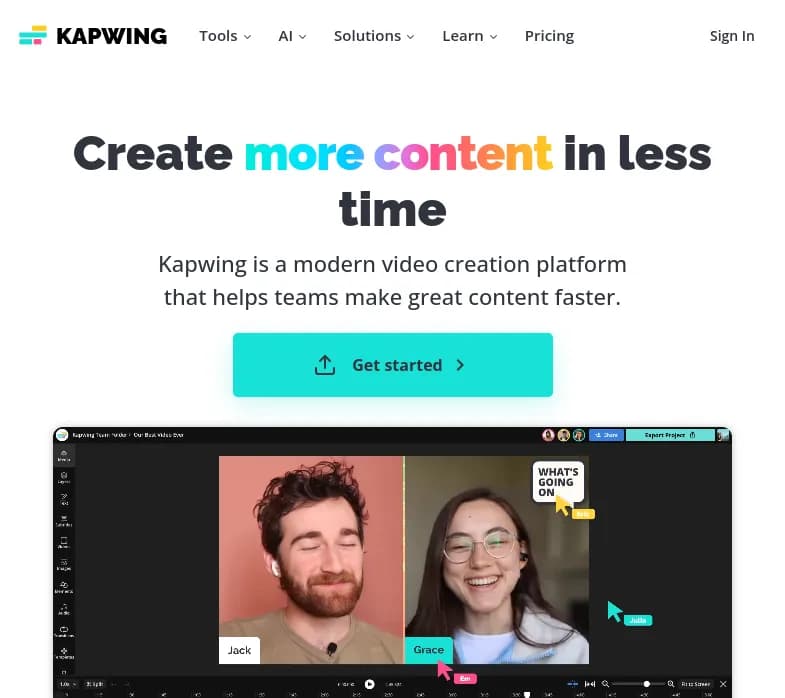 Screenshot of app Kapwing : Découvrez Kapwing – une plateforme de création vidéo alimentée par l'IA. Créez facilement, collaborez en temps réel et produisez du contenu de haute qualité. 