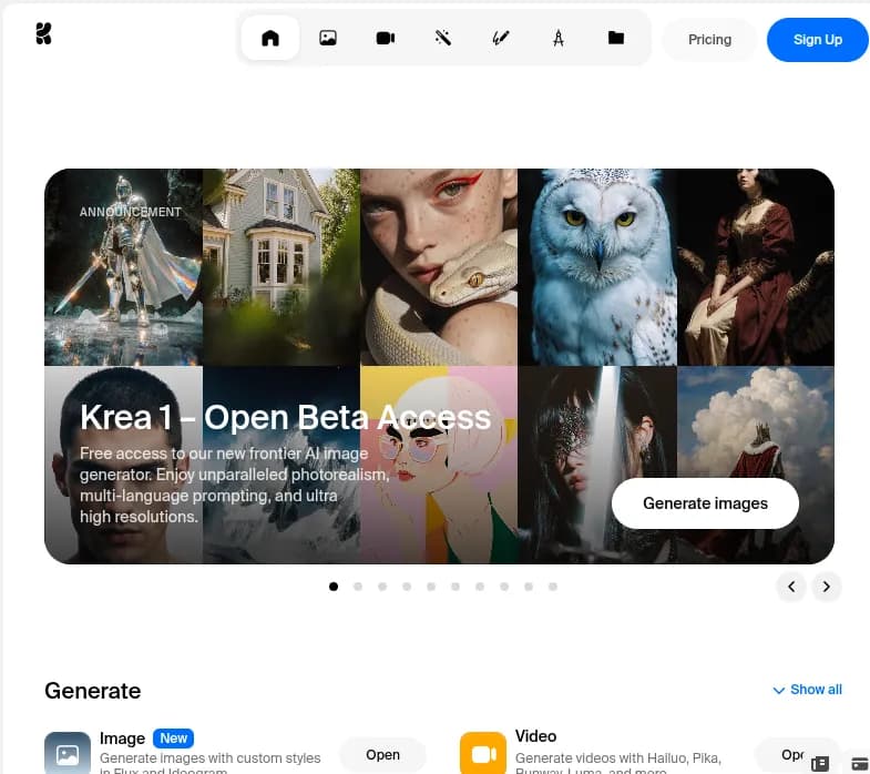 Screenshot of app Krea AI : "Découvrez Krea AI, une plateforme innovante pour la création d'images, vidéos, objets 3D grâce à l'IA. Expérimentez la création numérique autrement !"