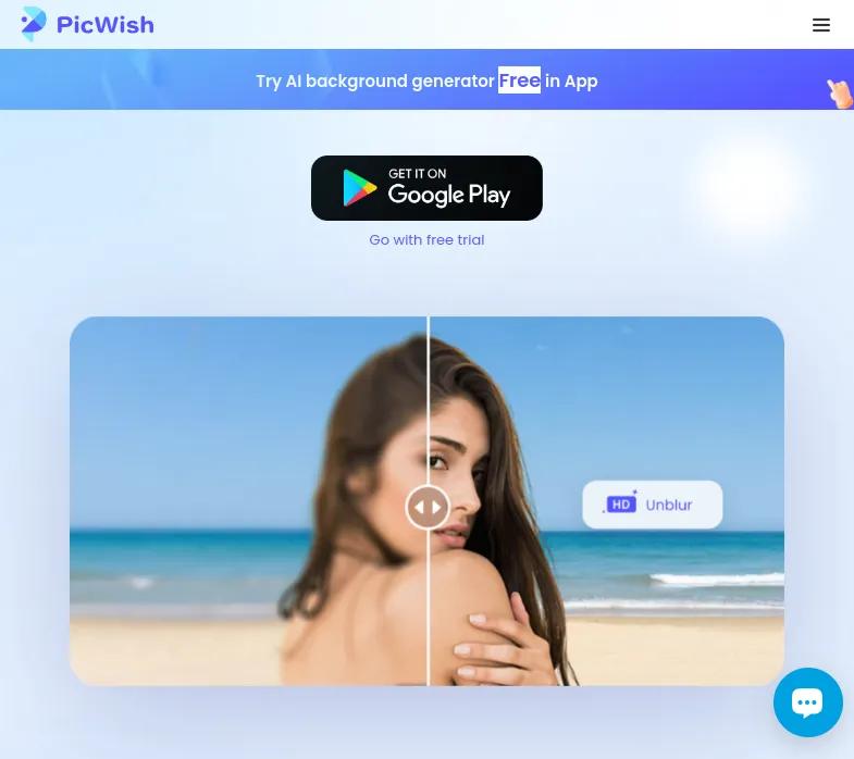 Screenshot of app PicWish AI  : "Découvrez PicWish AI, l'éditeur photo basé sur IA. Transcendez vos photos, créez des œuvres d'art facilement. Essayez maintenant pour une touche pro !"