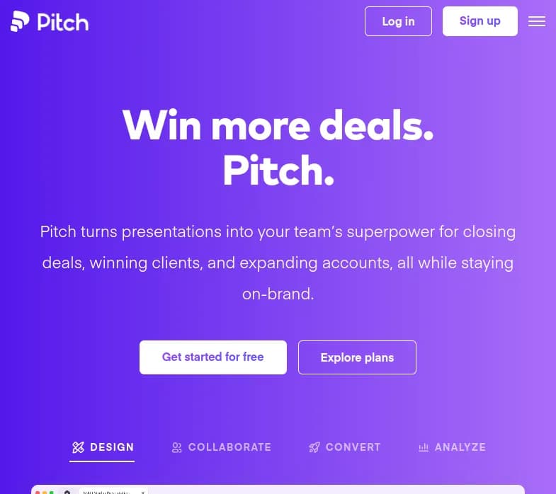 Screenshot of app Pitch : "Découvrez Pitch, l'appli innovante pour créer des présentations captivantes. Donnez du poids à votre marque avec des modèles personnalisables. Essayez maintenant!"