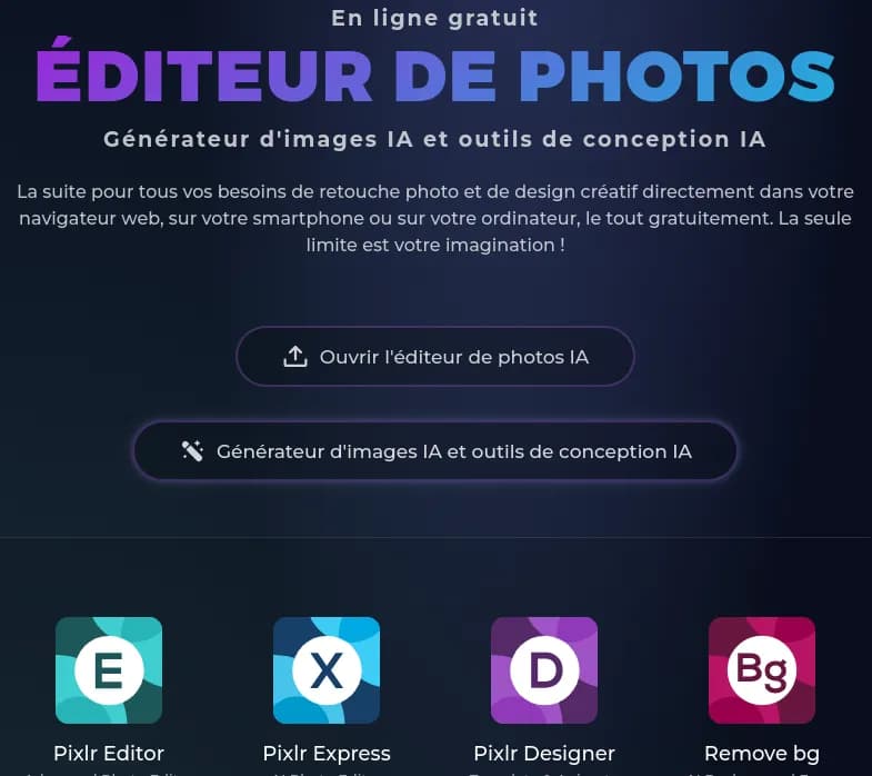 Screenshot of app Pixlr : Découvrez Pixlr, l'outil d'édition de photos et de conception graphique en ligne gratuit et accessible à tous. Libérez votre créativité dès maintenant!