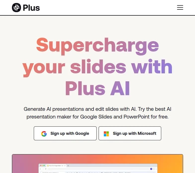 Screenshot of app Plus Doc : "Découvrez Plus AI, l'outil révolutionnaire pour créer des présentations professionnelles en une simplicité inégalée. Gagnez du temps avec l'IA !"