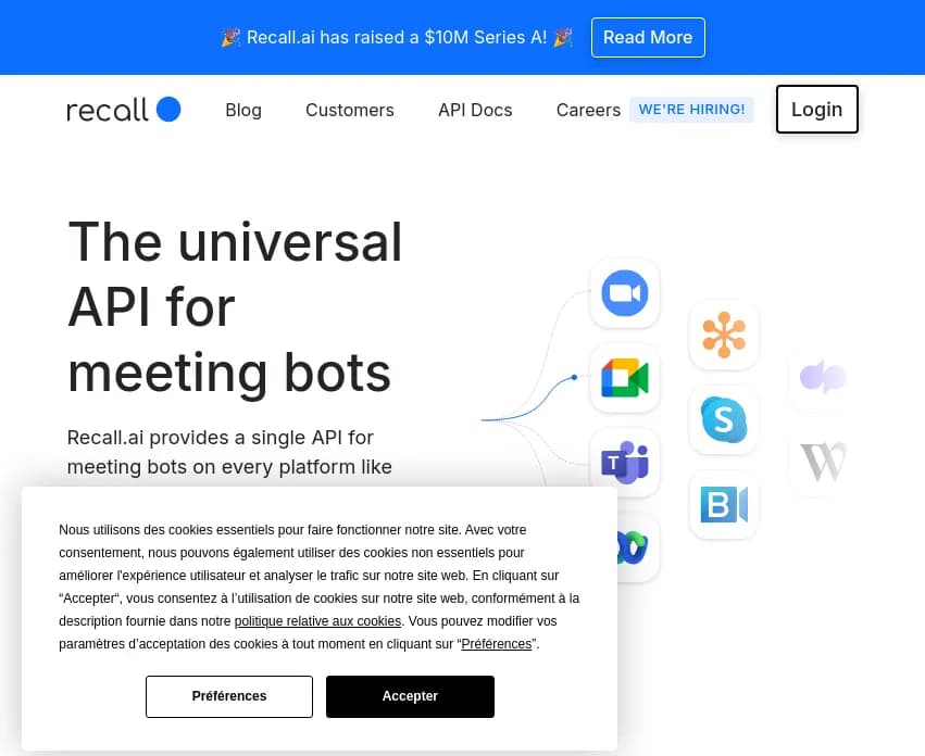 Screenshot of app Recall AI : Découvrez Recall.ai : révolutionnez vos réunions en ligne avec des bots de réunion universels pour Zoom, Google Meet et Teams. Gagnez en efficacité !