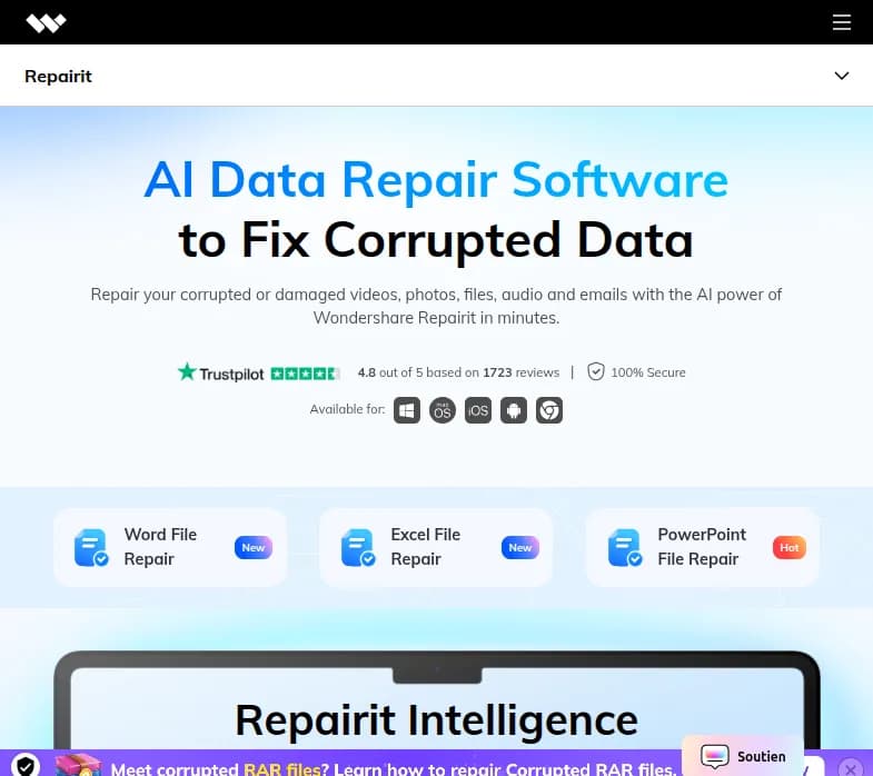 Screenshot of app Repairit AI : "Découvrez Repairit AI, l'outil incontournable pour réparer fichiers numériques endommagés. Récupérez vos vidéos, photos et emails en 3 clics. Testez maintenant!"