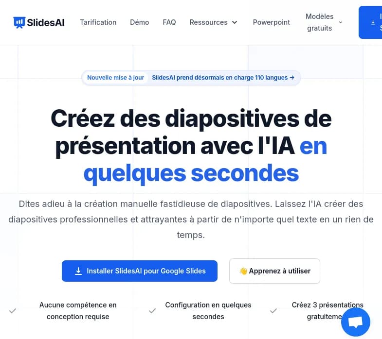 Screenshot of app Slide AI : "Découvrez SlidesAI, l'application qui révolutionne la création de diapositives. Transformez votre texte en présentation en un clic. Essayez-le maintenant!"