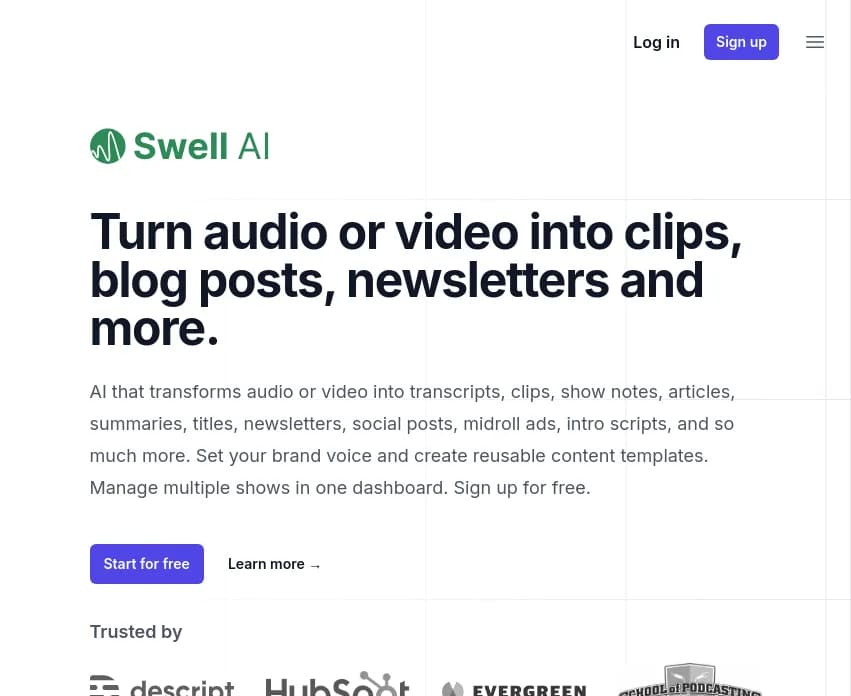 Screenshot of app Swell AI  : Transformez vos fichiers audio et vidéo en contenu marketing percutant avec Swell AI. Accélérez votre créativité et efficacité grâce à cette innovation révolutionnaire.