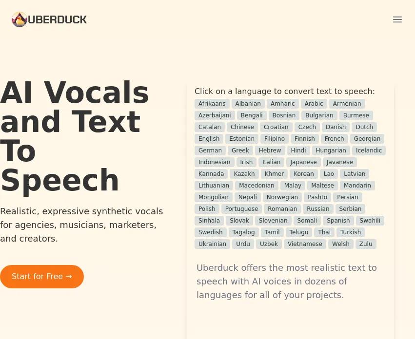 Transformez texte en voix réalistes avec Uberduck ! Pour agences, musiciens et créateurs, profitez de l'API, du clonage vocal et de la conversion multilingue. 