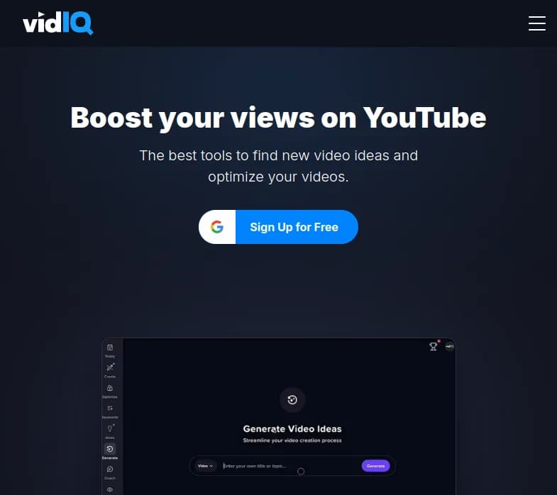 Screenshot of app VidIQ : Optimisez vos vidéos YouTube avec vidIQ. Découvrez des idées de contenu créatives, des mots-clés pertinents, prévoyez les tendances. Rejoignez gratuitement vidIQ !