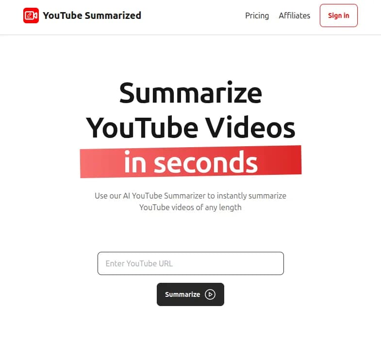Screenshot of app Youtubesummarized : "Découvrez Youtubesummarized, votre outil intelligent pour des résumés précis de vidéos YouTube. Économisez du temps, apprenez plus et avancez vite. Essayez maintenant !"