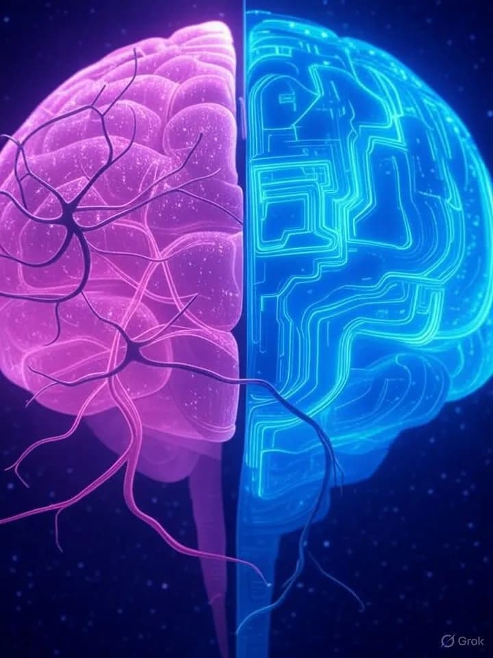 Cerveau numérique divisé entre neurones humains et circuits artificiels fusionnant au centre dans une ambiance néon