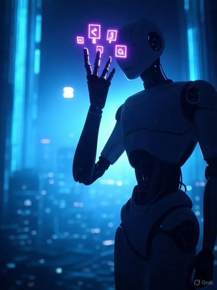 Silhouette robotique levant la main vers des symboles numériques lumineux flottant dans un environnement de données et circuits