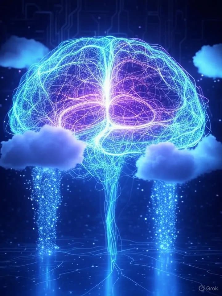Silhouette de cerveau humain lumineux entouré de réseaux neuronaux connectés à des nuages numériques flottants dans une ambiance néon bleu et violet