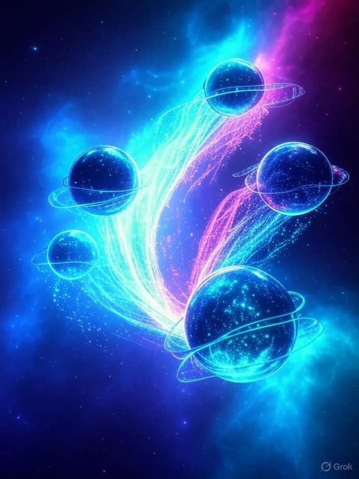 Chronologie cosmique abstraite montrant cinq sphères lumineuses connectées par des flux d'énergie, avec des réseaux neuronaux fusionnant avec des hélices d'ADN