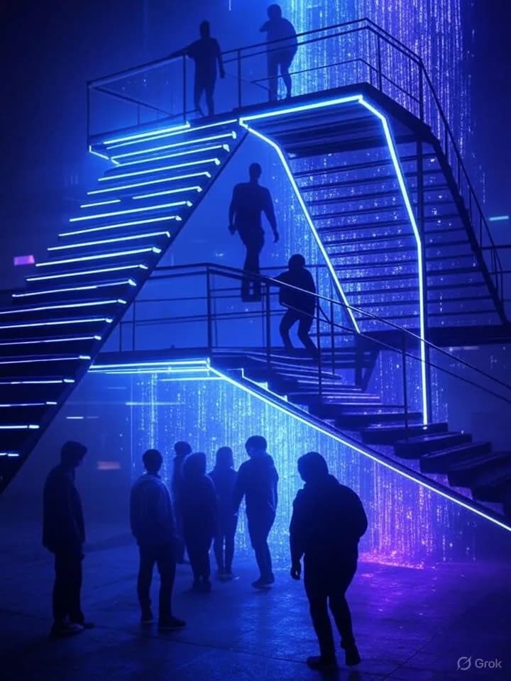 Escalier numérique lumineux avec des silhouettes de personnes à différents niveaux dans une atmosphère futuriste aux néons bleus et violets