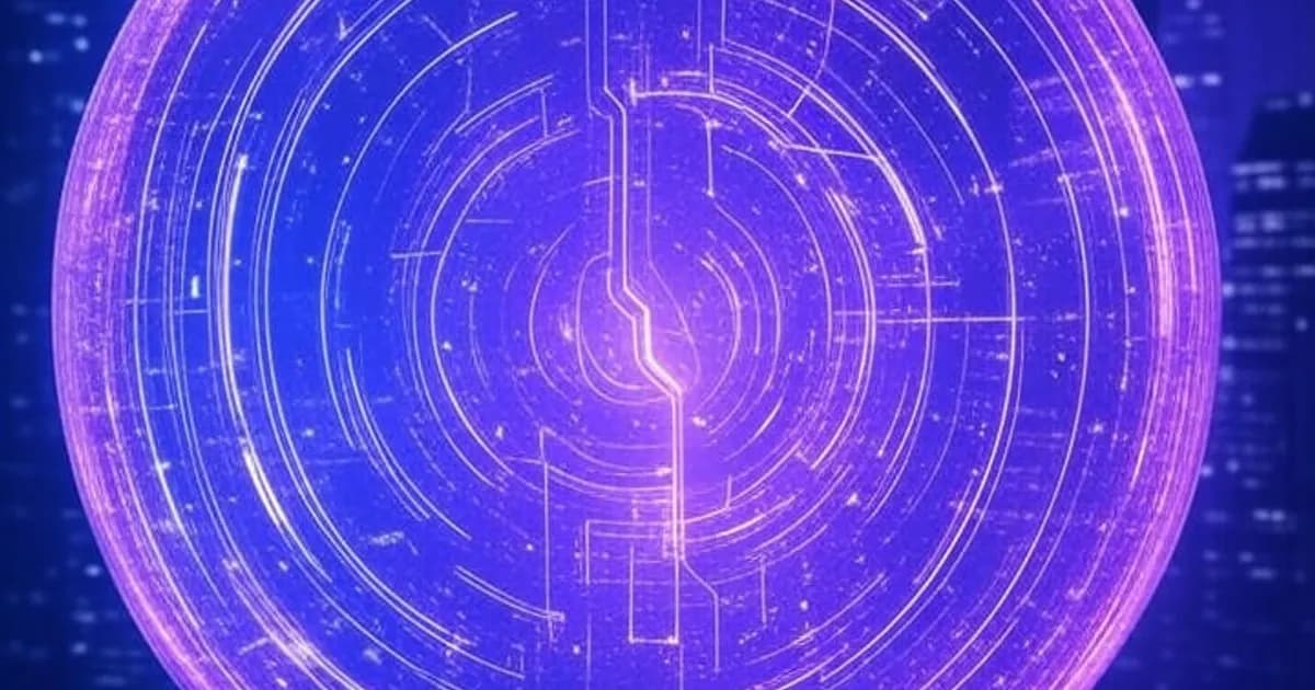 Bulle translucide géante flottant au-dessus d'une ville futuriste illuminée de néons, remplie de circuits numériques lumineux