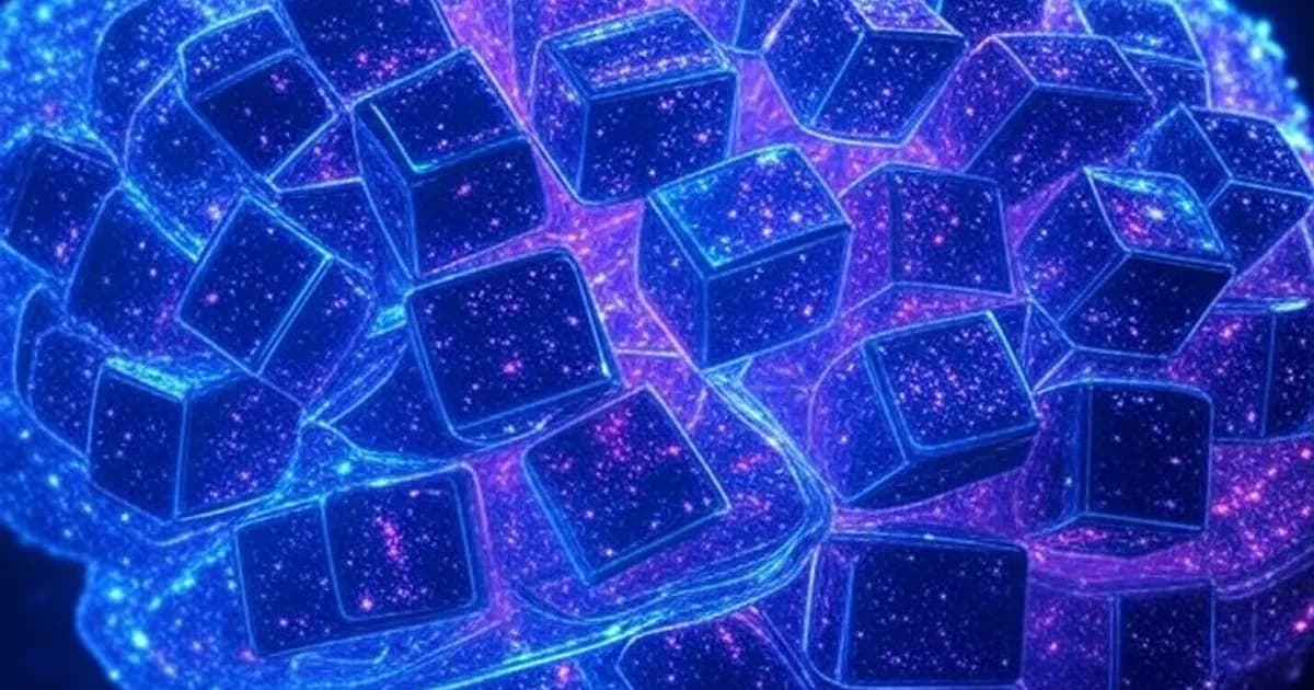 Cerveau numérique abstrait composé de blocs lumineux modulaires flottant dans un espace sombre connectés par des lumières néon