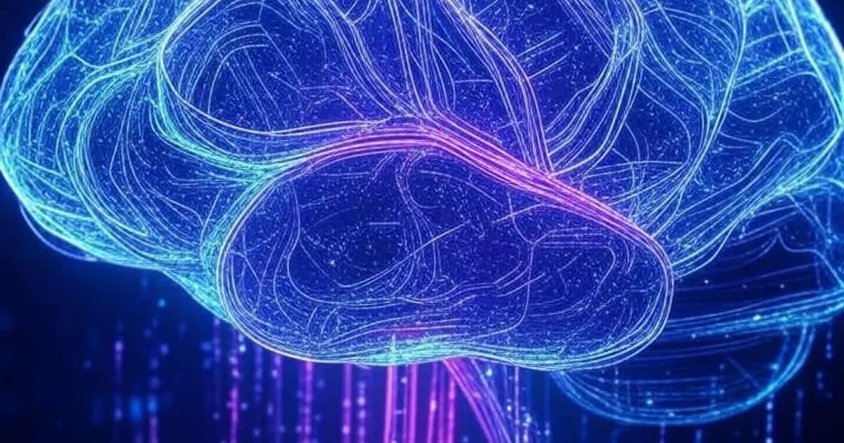 Cerveau numérique abstrait composé de réseaux neuronaux lumineux et de circuits interconnectés dans un espace sombre aux teintes néon bleu et violet