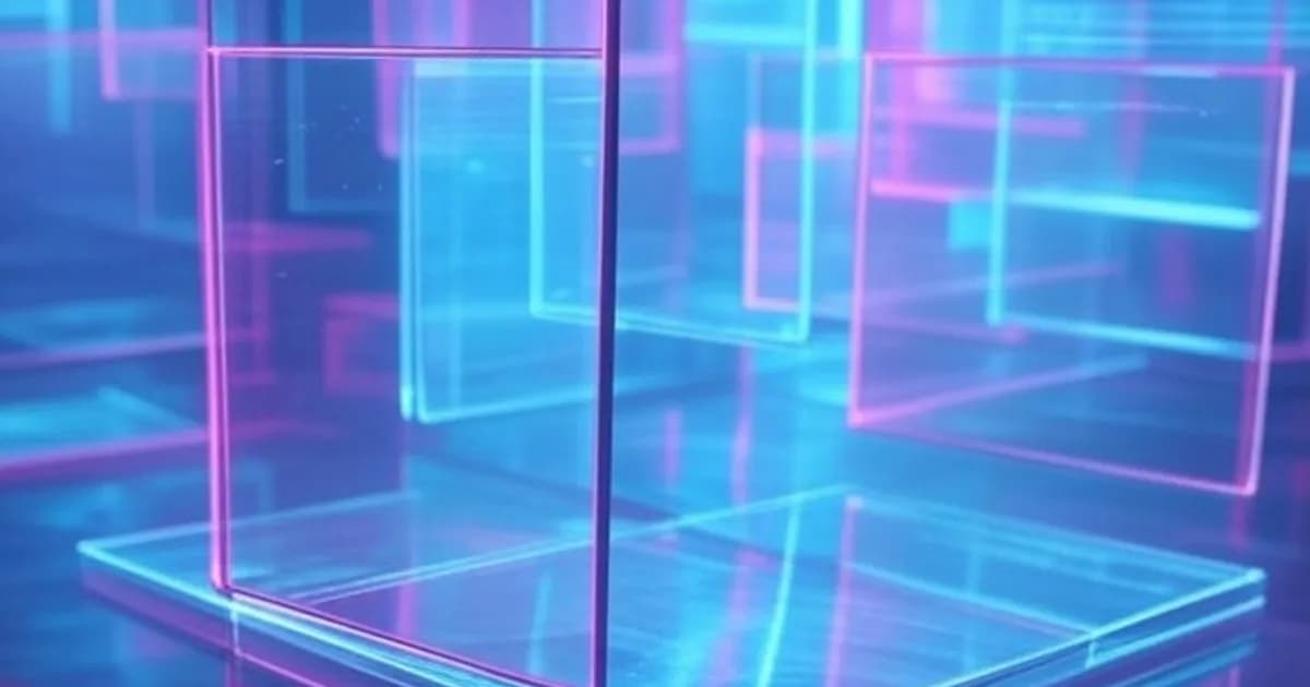 Panneaux translucides flottants avec textures photoréalistes dans un espace éclairé de néons bleus et magenta