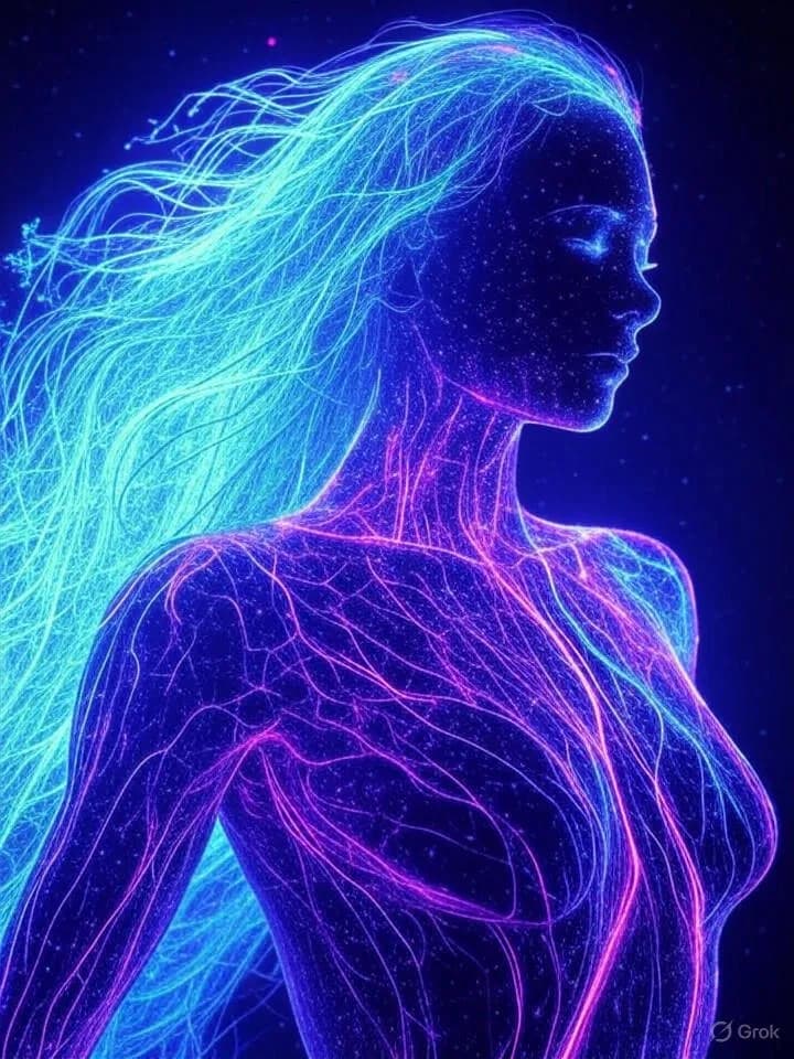 Silhouette humaine fusionnant avec des flux lumineux de données et réseaux neuronaux dans un environnement spatial abstrait