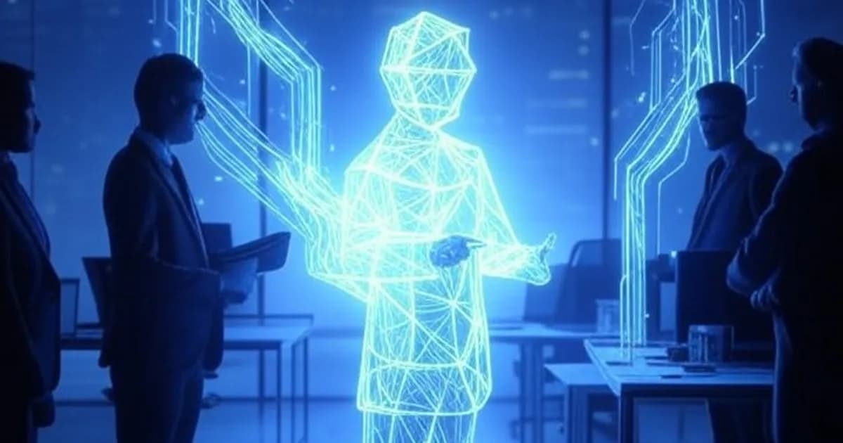 Environnement de bureau futuriste avec agents IA holographiques représentés par des formes géométriques lumineuses et des flux de données néon, silhouettes professionnelles interagissant avec des interfaces numériques