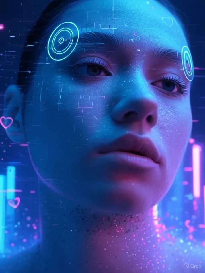 Visage humain fragmenté traversé par des faisceaux lumineux néon et des particules de données flottantes dans une atmosphère sombre et futuriste