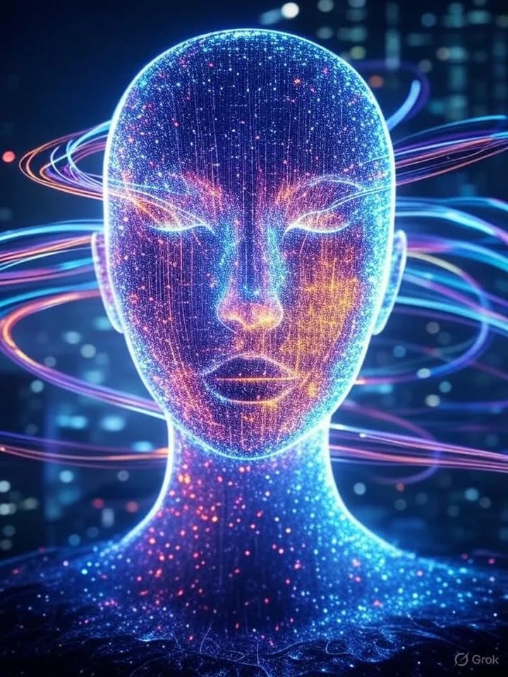 Visage holographique composé de particules numériques et de lignes de réseau neuronal, entouré de flux de données lumineux