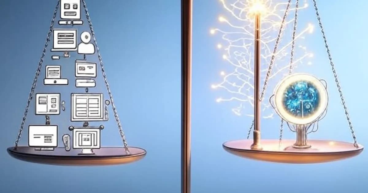 Balance symbolique illustrant l'équilibre entre emplois traditionnels et intelligence artificielle en 2025