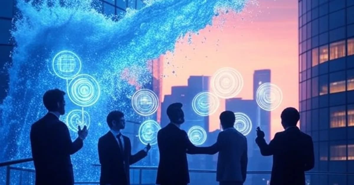 Illustration représentant l'impact de l'intelligence artificielle sur les emplois de bureau avec une vague numérique déferlant sur des travailleurs