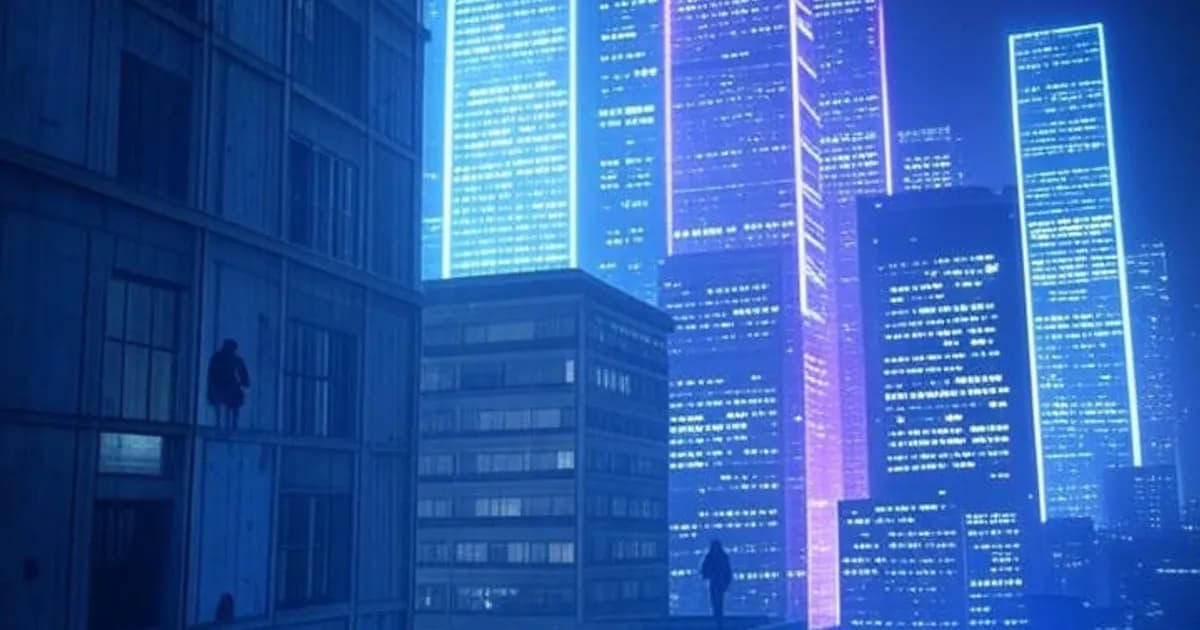 Paysage urbain futuriste divisé en deux parties, l'une sombre avec des bâtiments qui s'effondrent, l'autre lumineuse avec des tours qui s'élèvent, reliées par des flux de données numériques