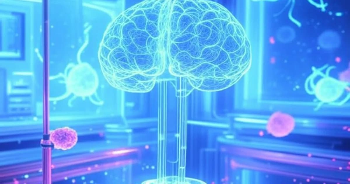 Laboratoire médical futuriste avec réseaux neuronaux lumineux, hélices ADN et scanners cérébraux holographiques dans une ambiance néon bleu et violet