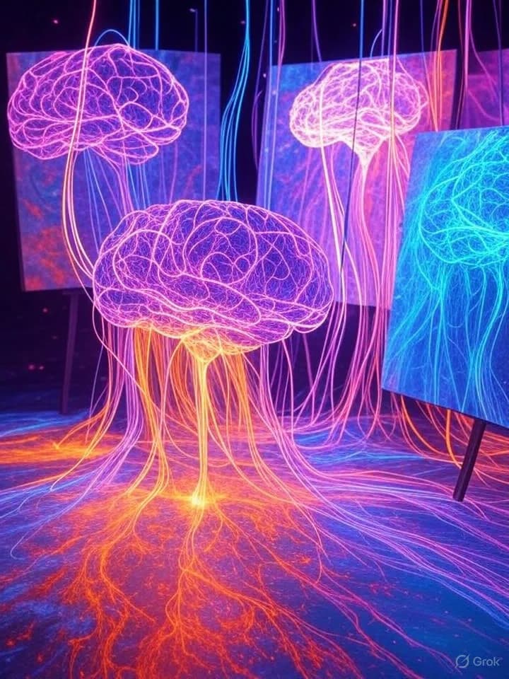 Réseaux neuronaux lumineux se transformant en œuvres d'art colorées dans un environnement numérique futuriste