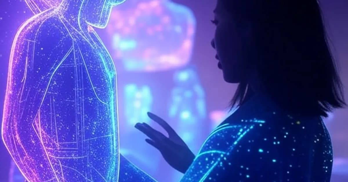 Galerie d'art futuriste avec sculptures holographiques flottantes et traînées lumineuses colorées dans une atmosphère néon