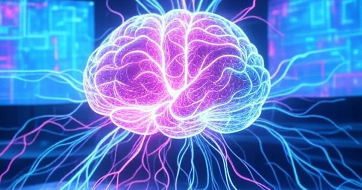 Cerveau humain fusionnant avec des réseaux neuronaux numériques lumineux dans une ambiance futuriste aux couleurs néon