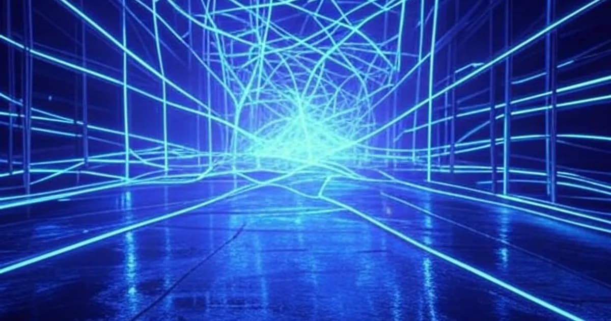 Réseaux neuronaux lumineux convergeant vers des structures géométriques ordonnées dans une ambiance futuriste aux tons bleus et violets