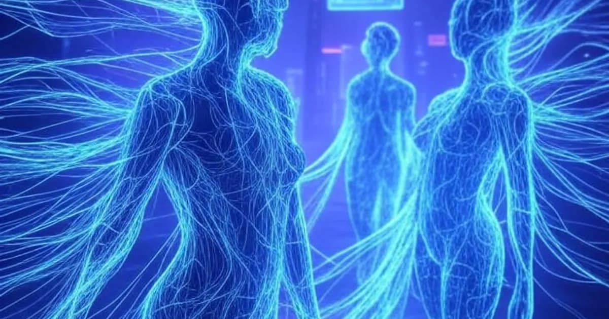Silhouettes humaines entourées de flux de données numériques lumineux et de réseaux neuronaux dans une ambiance futuriste aux néons bleus et violets