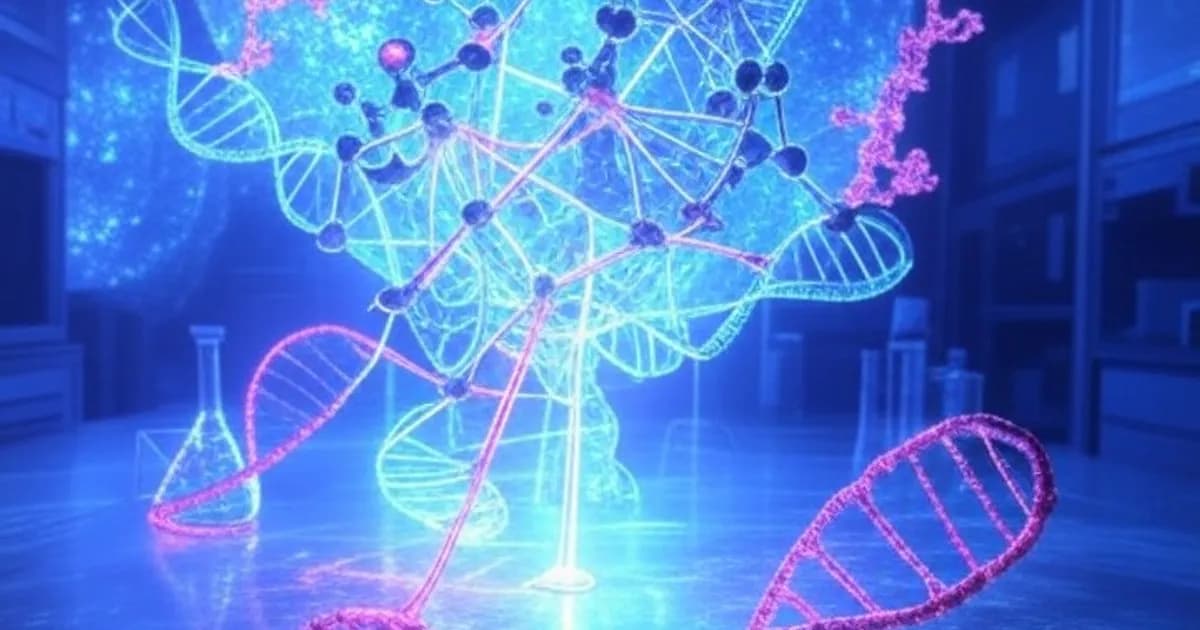 Structures moléculaires d'ADN et de protéines lumineuses flottant dans un environnement de laboratoire futuriste avec des faisceaux de lumière néon connectant des réseaux cellulaires
