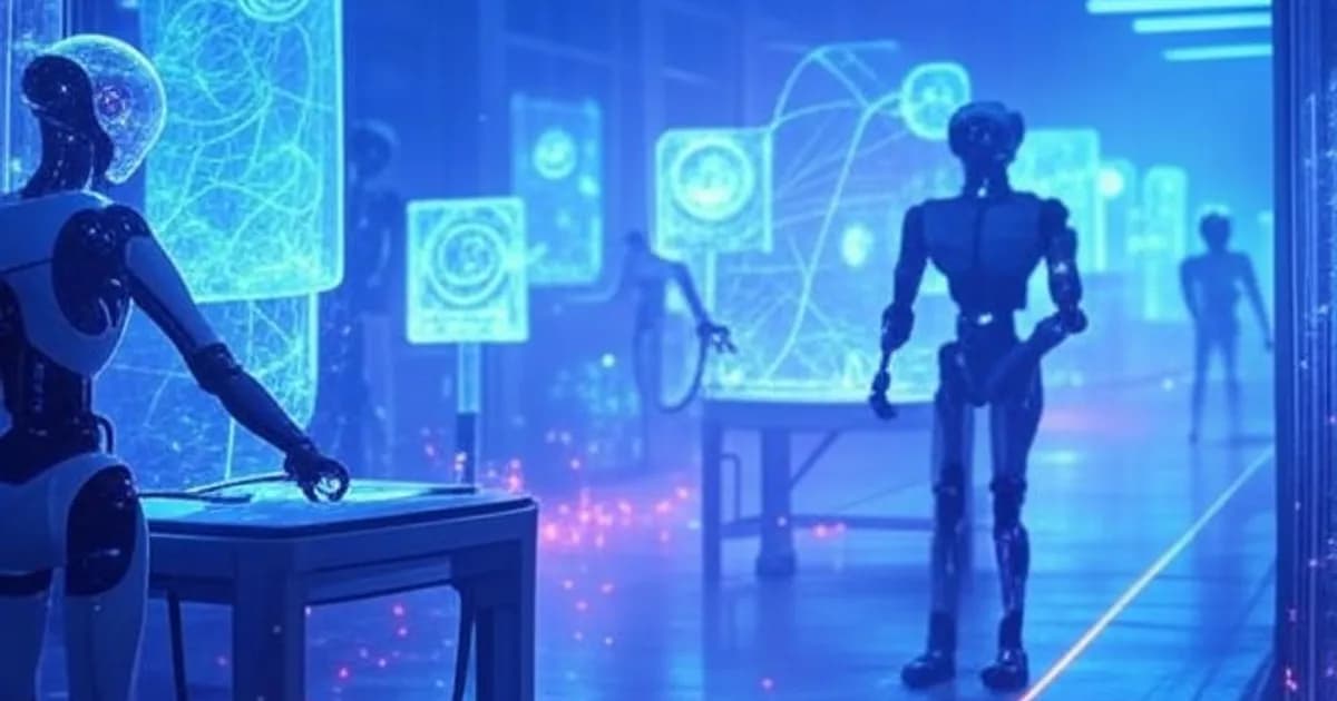 Usine futuriste avec robots humanoïdes et interfaces holographiques dans une ambiance néon bleu et violet