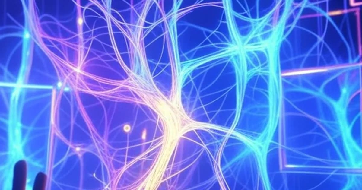 Réseaux neuronaux lumineux formant des coups de pinceau artistiques entourés de cadres holographiques et de symboles blockchain dorés dans une atmosphère futuriste