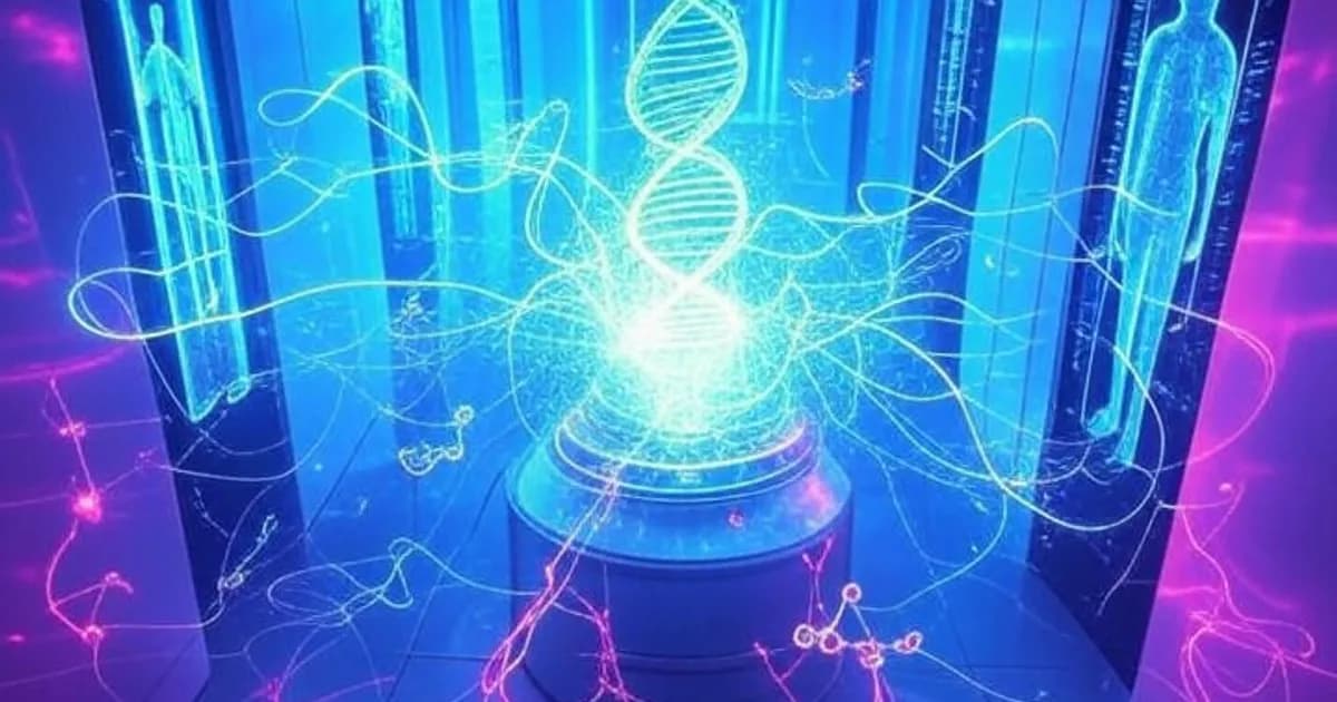 Laboratoire médical futuriste avec hélices ADN lumineuses et réseaux neuronaux holographiques dans une ambiance néon bleu et violet