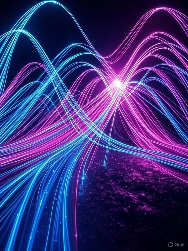 Courbes exponentielles lumineuses entrelacées s'élevant vers un point de convergence brillant dans un espace numérique abstrait