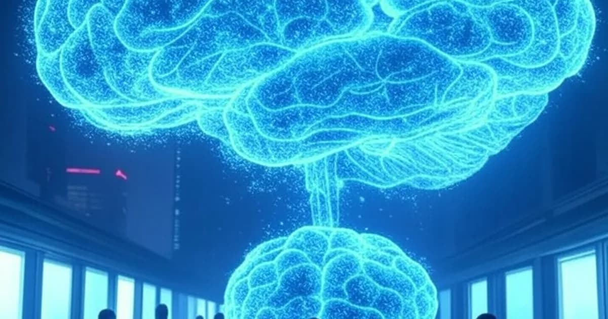 Structure cérébrale d'IA se fragmentant avec des silhouettes de chercheurs s'éloignant dans des couloirs illuminés de néons